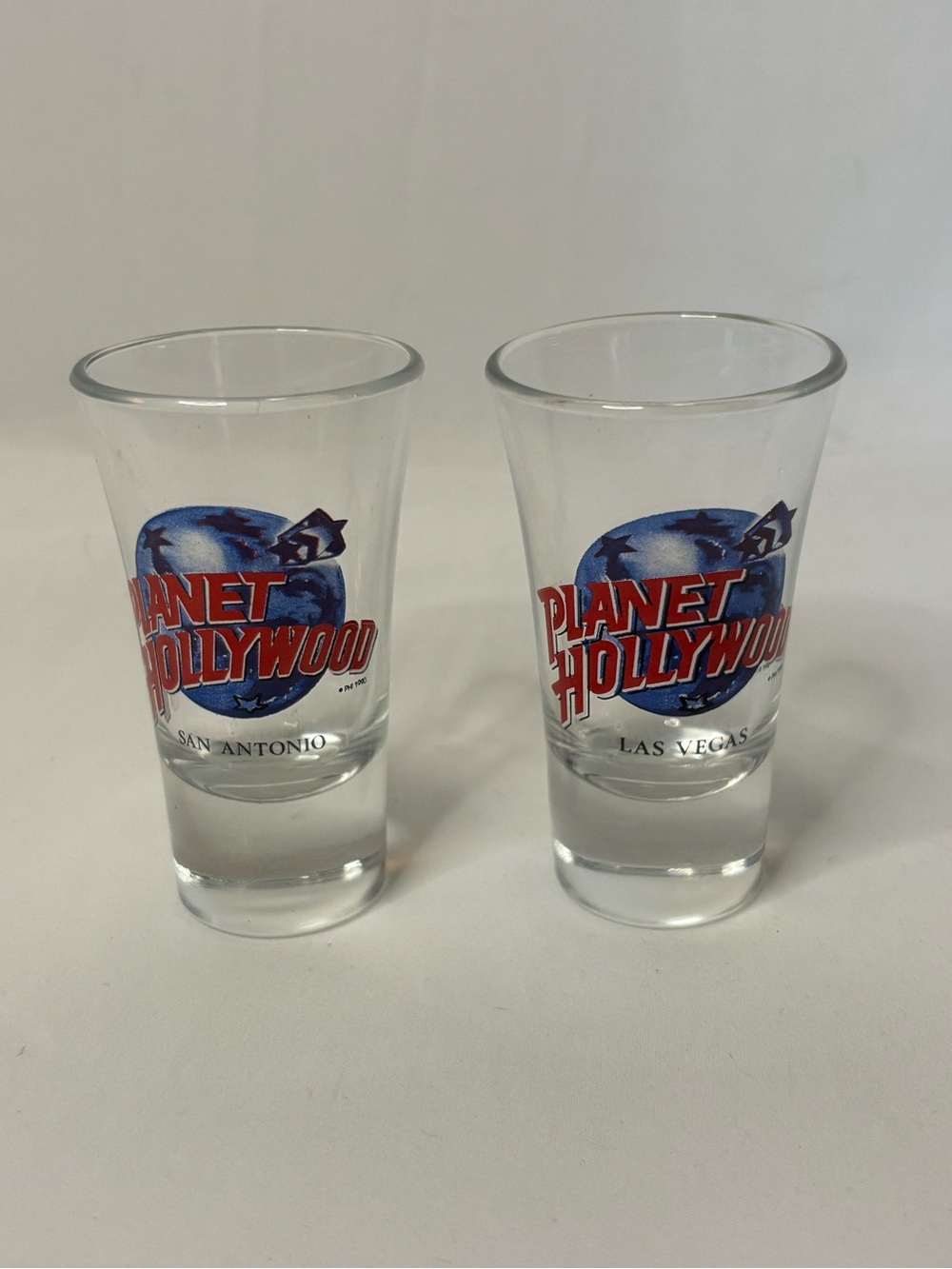 Planet Hollywood Shot Glasses San Antonio & Las Vegas Set of 2